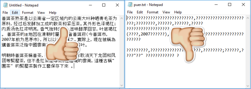 The text to the left is encoded with UTF-8 whereas the text on the left is encoded with ANSI. Multilingual website best practices call for using UTF-8 encoding if Asian languages will be displayed.