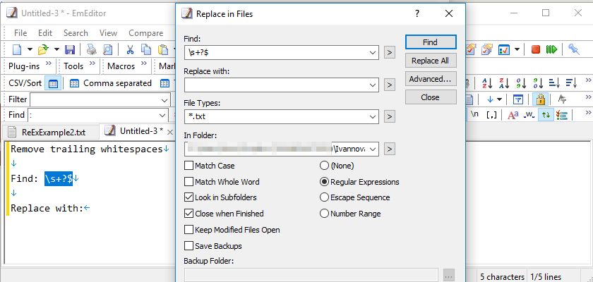 Perform find and replace in multiple files with EmEditor | text editor