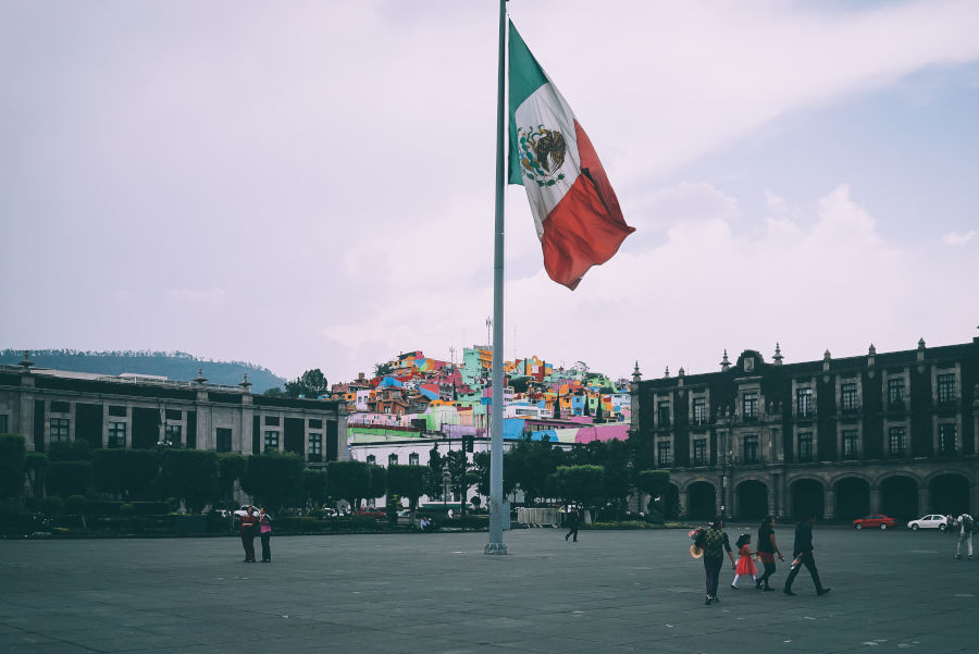 Mexican flag and government buildings