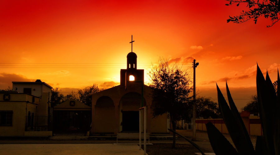 Church in Mexico in sunset Mexican Spanish