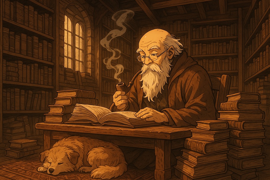 an old man studies language without modern technology