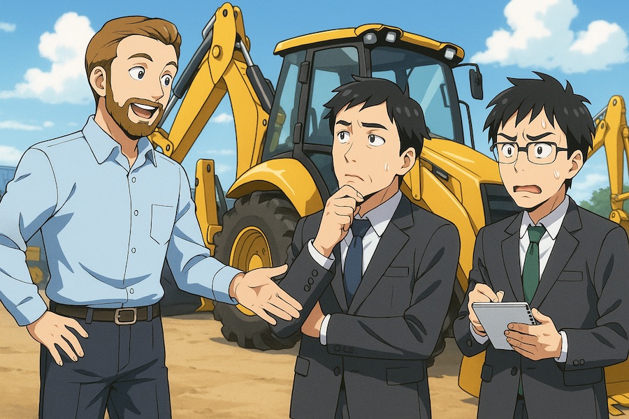 AI for language learning, a Japanese interpreter struggles to interpret what a salesman says about hydraulics for his boss